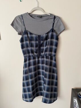 Lily Rose Navy and Gray Plaid Layered Mini Dress